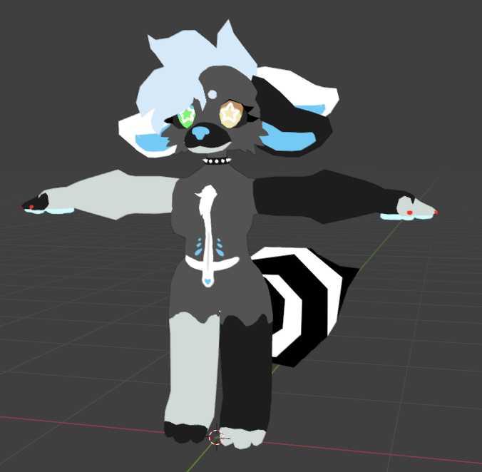 Dog-type anthro character with four ears, and a black and white striped tail.